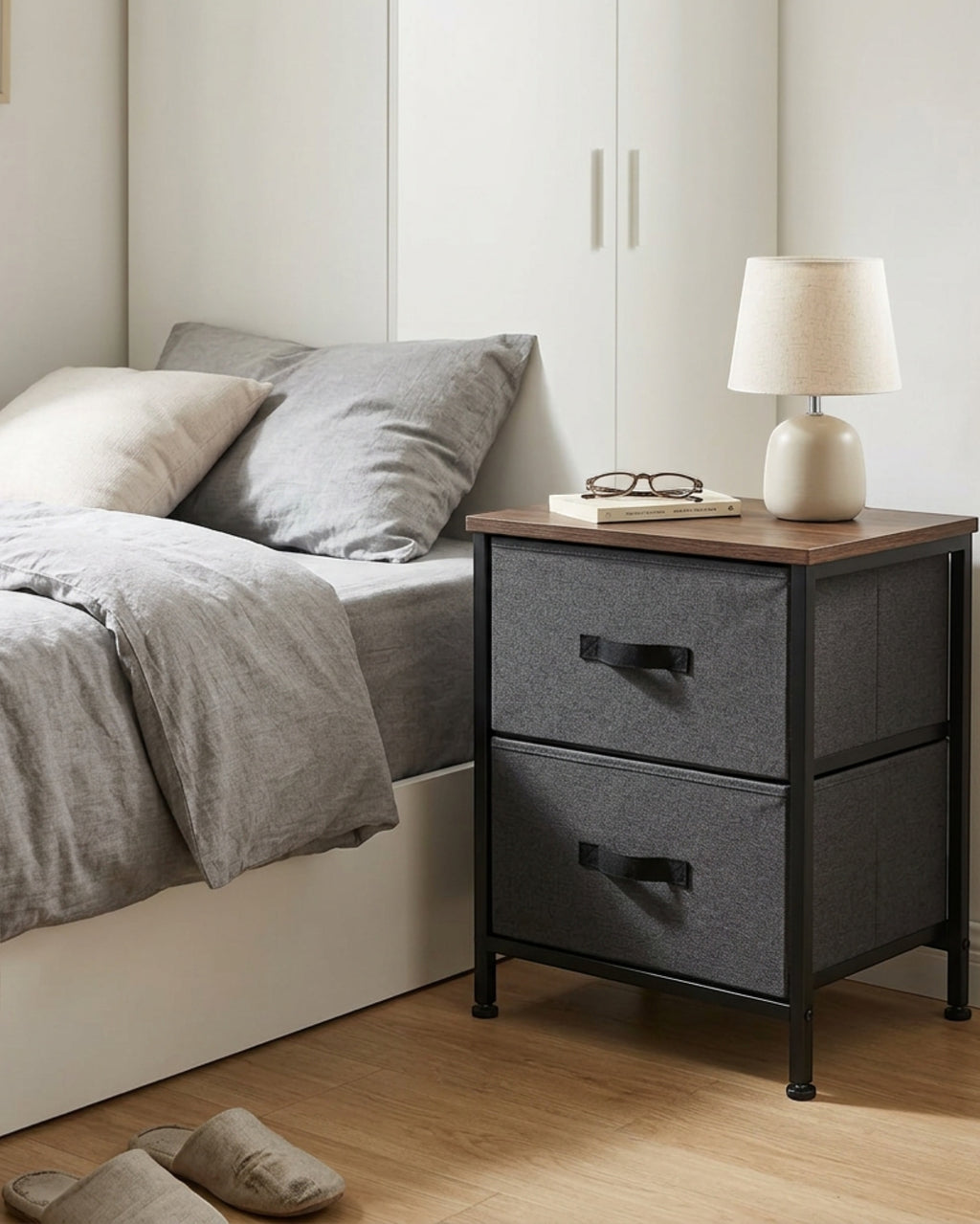 Wuxou Steel Frame Nightstand with 2 Fabric Drawers Charcoal and Black - Lifestyle view
