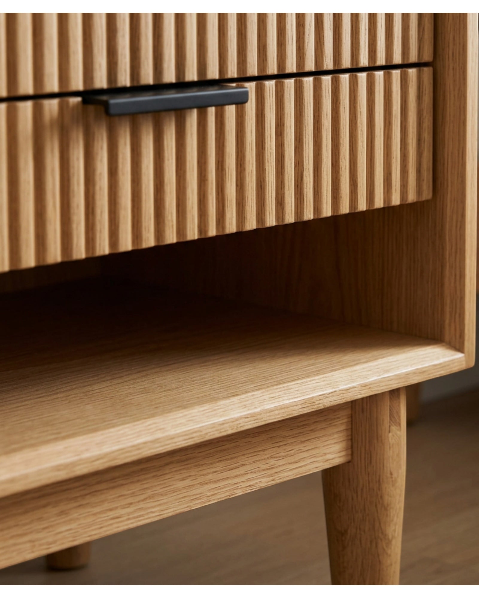 Wuxou Fluted Oak Veneer Nightstand with Drawer and Open Shelf Natural - Detail view