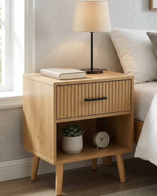 Wuxou Fluted Oak Veneer Nightstand with Drawer and Open Shelf Natural - Lifestyle view