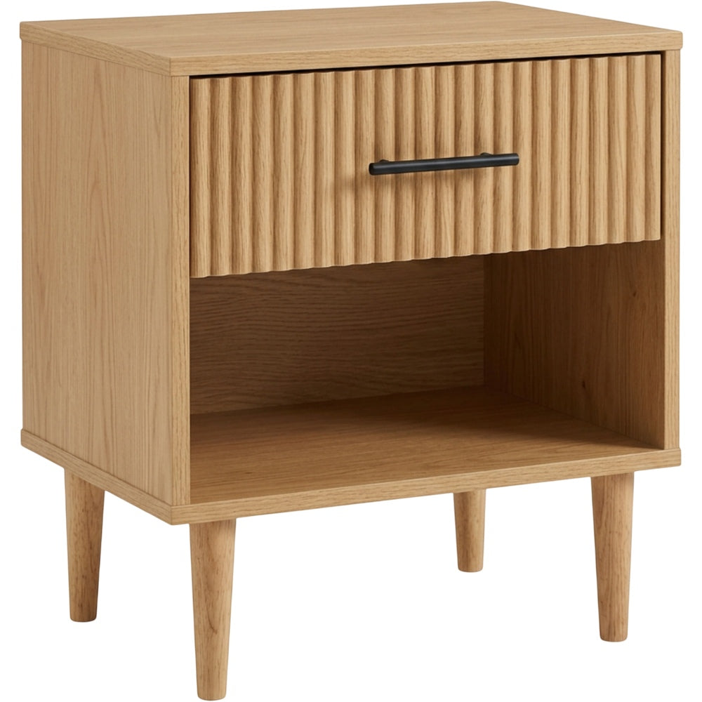 Wuxou Fluted Oak Veneer Nightstand with Drawer and Open Shelf Natural - Product view