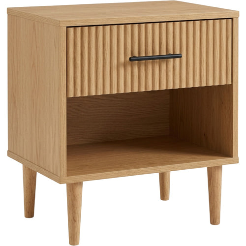 Wuxou Fluted Oak Veneer Nightstand with Drawer and Open Shelf Natural - Product view