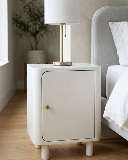 Wuxou Rounded Bedside Cabinet with Door and Inner Shelf Soft White - Lifestyle view
